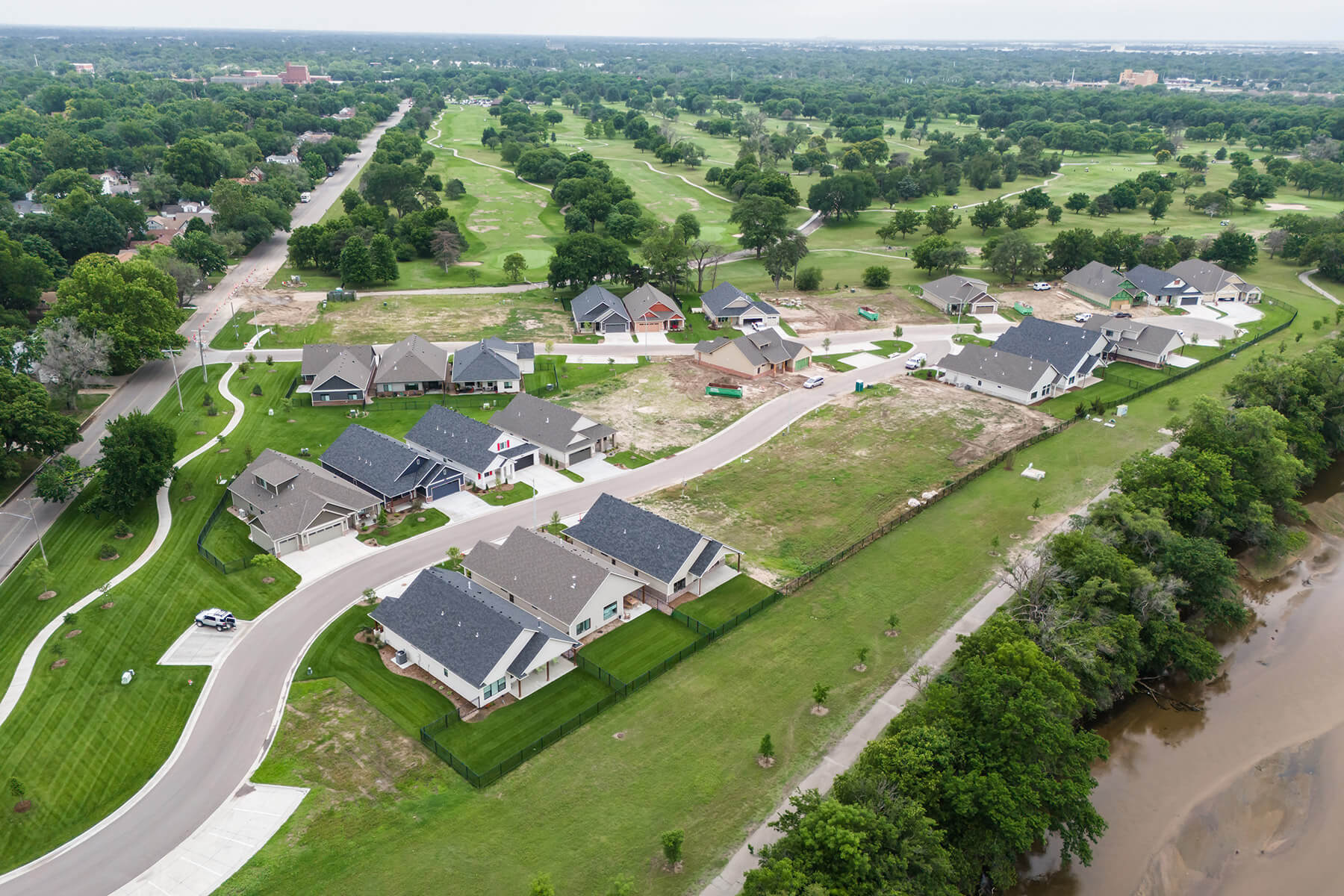 A drone photo of the River Trail Village neighborhood.